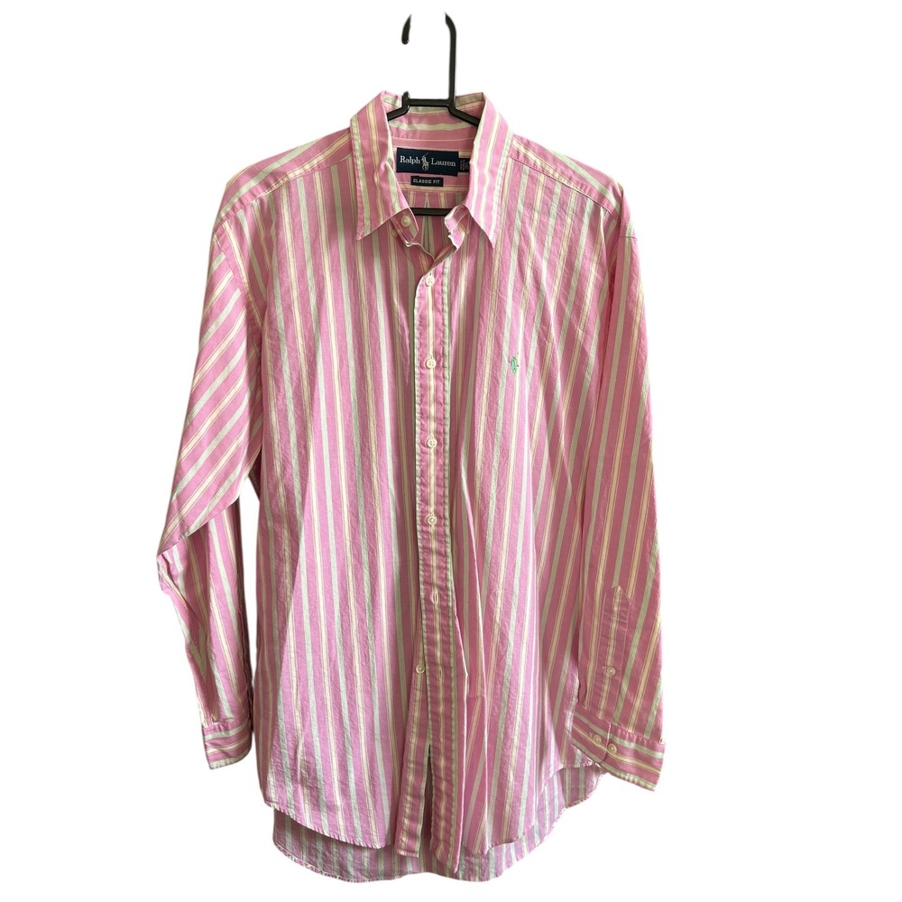 Ralph Lauren Classic Fit Pink White Stripe Button Down Shirt Men's 15 1/2 32/33